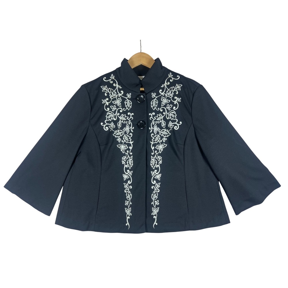 Coldwater Creek Embroidered Leaf Button Up Jacket‎ Women's Size S Black RETRO